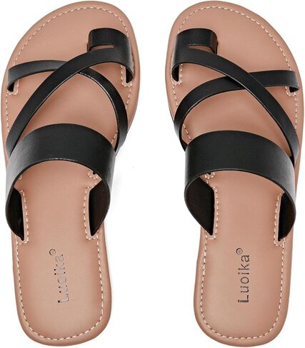 Luoika Women's Wide Width Flat Sandals, Flip Flop Slides Sandal Casual Strapy Sandal Slip on Summer Beach Shoes for Women. in Kuwait