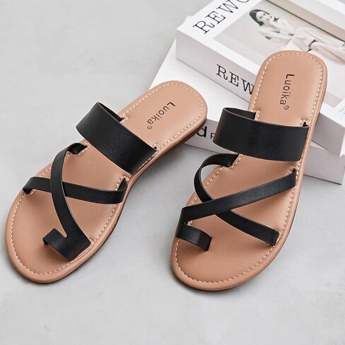 Luoika Women's Wide Width Flat Sandals, Flip Flop Slides Sandal Casual Strapy Sandal Slip on Summer Beach Shoes for Women. in Kuwait