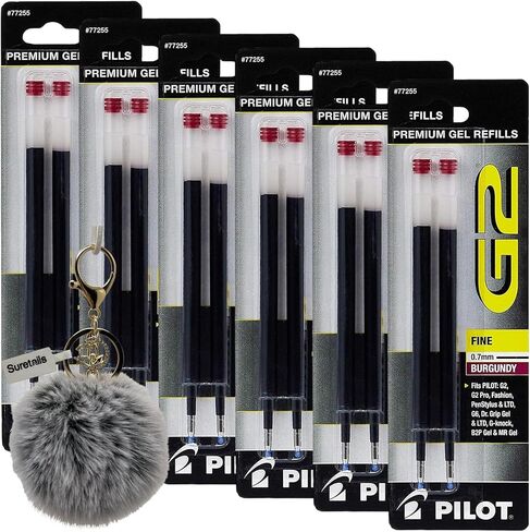 G2 Gel Pen Refills, Fine Point 0.7, 2 Count, Burgundy Ink - with Suretails Pompom Balls Fluffy Keychain, Compatible with Multiple Models, Smooth Writing Experience [Pack of 6 in Kuwait