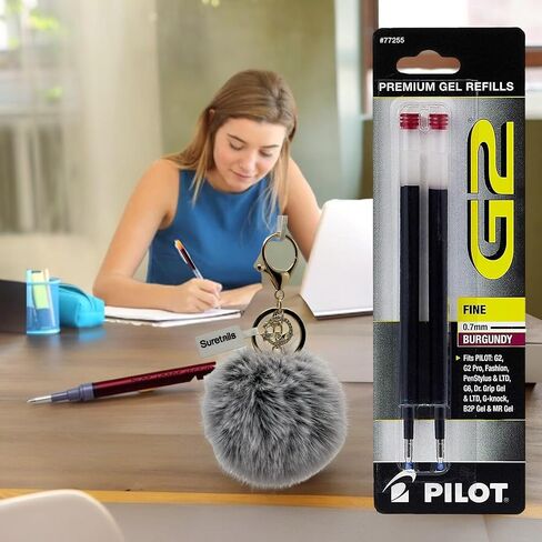 G2 Gel Pen Refills, Fine Point 0.7, 2 Count, Burgundy Ink - with Suretails Pompom Balls Fluffy Keychain, Compatible with Multiple Models, Smooth Writing Experience [Pack of 6 in Kuwait