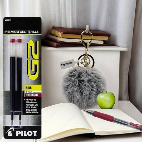 G2 Gel Pen Refills, Fine Point 0.7, 2 Count, Burgundy Ink - with Suretails Pompom Balls Fluffy Keychain, Compatible with Multiple Models, Smooth Writing Experience [Pack of 6 in Kuwait