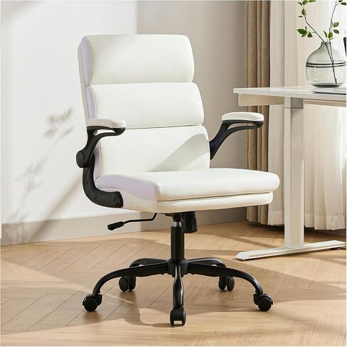 Office Chair Adjustable Desk Chair Mid Back Executive Comfortable Bonded Leather Ergonomic Back Support Home Computer Chair with Padded Flip-up Armrest Swivel Wheels (Black) in Saudi Arabia