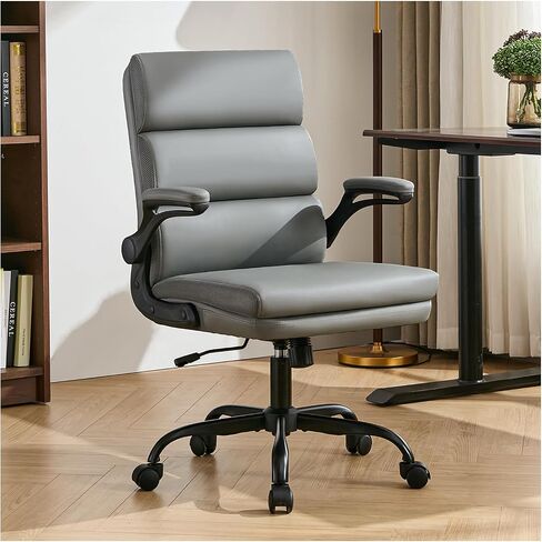 Office Chair Adjustable Desk Chair Mid Back Executive Comfortable Bonded Leather Ergonomic Back Support Home Computer Chair with Padded Flip-up Armrest Swivel Wheels (Black) in Saudi Arabia