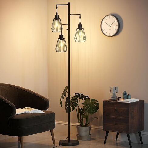 SUNMORY Dimmable Floor Lamp, 68 Inch Tall Lamps for Living Room, Standing Lamp with 3 x 6w LED Edison Bulbs, Tree Lamp, Farmhouse Industrial Floor Lamp for Bedroom, Office, Home Decor, Black in Saudi Arabia