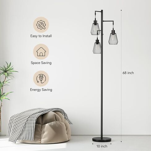 SUNMORY Dimmable Floor Lamp, 68 Inch Tall Lamps for Living Room, Standing Lamp with 3 x 6w LED Edison Bulbs, Tree Lamp, Farmhouse Industrial Floor Lamp for Bedroom, Office, Home Decor, Black in Saudi Arabia