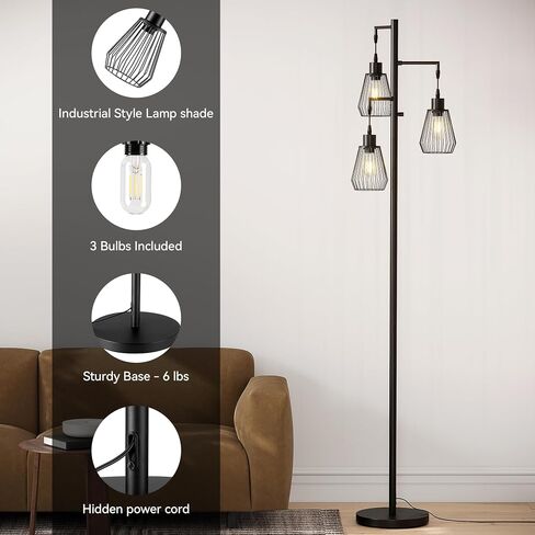 SUNMORY Dimmable Floor Lamp, 68 Inch Tall Lamps for Living Room, Standing Lamp with 3 x 6w LED Edison Bulbs, Tree Lamp, Farmhouse Industrial Floor Lamp for Bedroom, Office, Home Decor, Black in Saudi Arabia