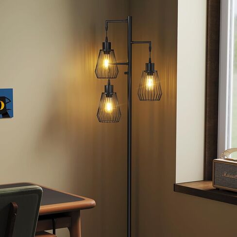 SUNMORY Dimmable Floor Lamp, 68 Inch Tall Lamps for Living Room, Standing Lamp with 3 x 6w LED Edison Bulbs, Tree Lamp, Farmhouse Industrial Floor Lamp for Bedroom, Office, Home Decor, Black in Saudi Arabia
