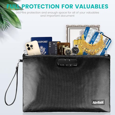 Airfish Fireproof Document Bags with Lock, 14.2 x 10 inches Zipper Closure Money Bag, Safe and Waterproof Storage Pouch for A4 A5 Document, Cash, Watch, Jewelry, Passport, Phone, Pad in Kuwait