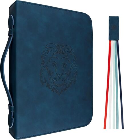 BLIEVE- Bible Cover Case for Women and Men with Storage Pockets, Handle and Bible Ribbon Bookmark, PU Leather Bible Covers Resistant and Stylish Bible Accessories (Navy Lion, 10.5 x 7.6) in Saudi Arabia