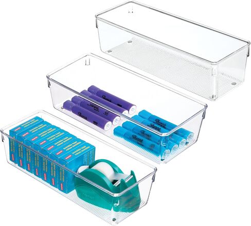 صناديق منظم الدرج البلاستيكي Idesign - تخزين للمطبخ والحمام والأدراج المكتبية - مجموعة من 3 - واضحة in Kuwait