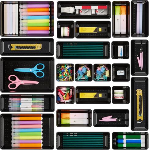 Vtopmart 25 PCS Clear Plastic Drawer Organizers Set, 4-Size Versatile Bathroom and Vanity Drawer Organizer Trays, Storage Bins for Makeup, Bedroom, Kitchen Gadgets Utensils and Office in Kuwait