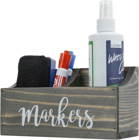 MyGift Magnetic Mount Vintage Gray Solid Wood Dry Erase Marker and Eraser Holder with 2 Compartments, Desktop Office Supplies Storage Organizer Bin with White Cursive Marker Lettering in Saudi Arabia