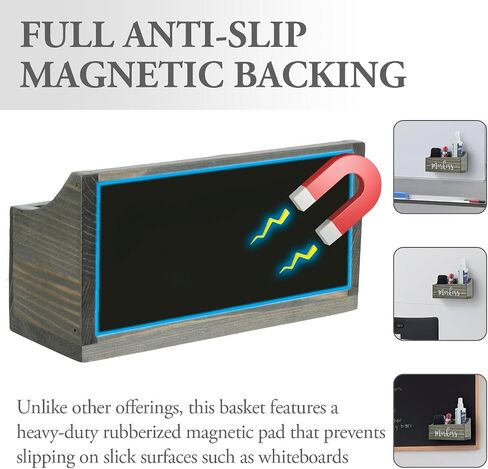 MyGift Magnetic Mount Vintage Gray Solid Wood Dry Erase Marker and Eraser Holder with 2 Compartments, Desktop Office Supplies Storage Organizer Bin with White Cursive Marker Lettering in Saudi Arabia