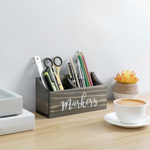 MyGift Magnetic Mount Vintage Gray Solid Wood Dry Erase Marker and Eraser Holder with 2 Compartments, Desktop Office Supplies Storage Organizer Bin with White Cursive Marker Lettering in Saudi Arabia