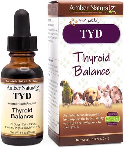Amber NaturalZ TYD Thyroid Balance Herbal Supplement for Dogs, Cats, Birds, Guinea Pigs, and Rabbits | Herbal Pet Supplement for Thyroid Health | 1 Fluid Ounce Glass Bottle | Manufactured in The USA in Kuwait