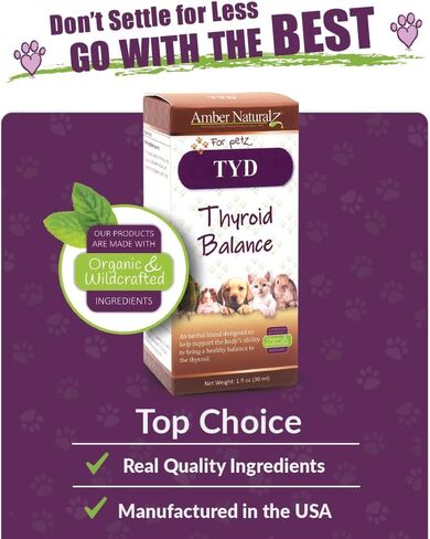 Amber NaturalZ TYD Thyroid Balance Herbal Supplement for Dogs, Cats, Birds, Guinea Pigs, and Rabbits | Herbal Pet Supplement for Thyroid Health | 1 Fluid Ounce Glass Bottle | Manufactured in The USA in Kuwait