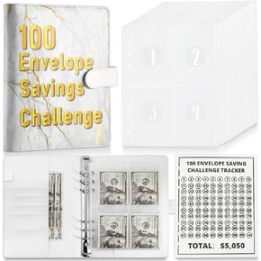 100 Envelopes Money Saving Challenge Binder Kit A5 Fun Budget Binder Book Organizer With Card Slot Pen Holder for 100 Day Cash Stuffing $5050 Budget Money Saving Box Replacement (Marble)