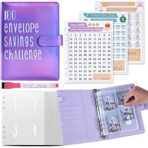 100 Envelopes Money Saving Challenge $5050 Saving Challenge Kit + Pen Included, 100 Day Savings Challenge Binder - Money Saving Book - Purple