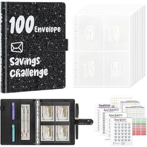52 Week Money Saving Binder A5 Budget Binder with Cash Envelopes, Fun and Easy Way to Save $5,050, Saving Challenge Book, Expense Budget Sheets, Glitter Black