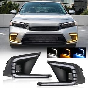 AUXMART Daytime Running Light For Honda Civic 2021 2022 Fog Lights Tri-Colors DRL LED Turn Signal Lamp for Civic LED Daylight with Bezel + Wire Harness