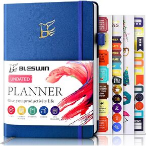 Undated Weekly Monthly Planner, Weekly Monthly Hardcover Planner with Goal & Habit Tracker Organizer, A5 Daily Planner Notebook Leather Cover