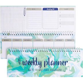 Paper Junkie Undated Weekly Planner, Goals, Shopping, To Do List, Horizontal Desk Calendar (Spiral Bound, 12 x 4 in)