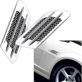 2 PCS Engine Hood Air Vent Outlet Cover Trim, Car Side Mesh Vent Sticker, 8.6" x 3" Shark Gills Decorative Air Vent, Universal for Most Cars (Silver Plating)