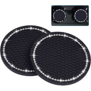 Bling Car Coasters, 2 Pack PVC Car Cup Holder Insert Coaster - Anti Slip Universal Vehicle Interior Accessories Crystal Glitter Cup Mats for Women and Men (2.75" Diameter, Pink)