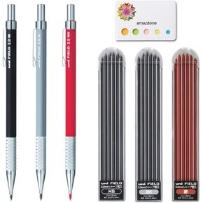 Uni Mechanical Pencil, Field, 2.0mm, (HB + 2H + Red) set of 3 (M207001PHB,M207001P2H,M207001P.15) + 3 Replacement wick field set(HB,2H,Red) and amazdone Sticky Notes