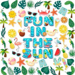 101Pcs Fun in The Sun Bulletin Board Decorations Summer Classroom Decor Pool Beach Leaf Paper Cutouts with Glue Points for Kids School Preschool Office Party