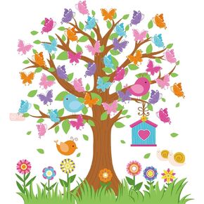 Whaline 93Pcs Spring Tree Cutouts Flower Butterfly Leaves Bird Paper Cut-Outs with 200Pcs Glue Points Colorful Cartoon Bulletin Board Decor for DIY Craft Art School Classroom Home Party