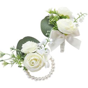 Floroom Ivory Ranunculus Peony Wrist Corsage Wristlet Band Bracelet and Men Boutonniere Set for White Wedding Flower Accessories Prom Suit Decorations
