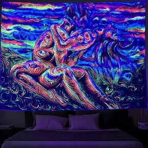 SparkLia Blacklight Lover Tapestry, Colorful Abstract Art of Love Kiss UV Reactive Neon Tapestries, Hippie Woman Glow in the Dark Wall Hanging Home Décor for Bedroom - 51.2" x 59.1"