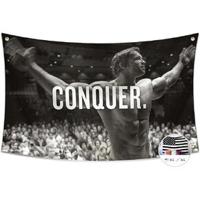 Probsin Conquer Flag for Arnold Schwarzenegger 3x5 Ft Gym Motivation Funny Fitness Poster Cool Man Cave Wall Decor for College Dorm Room Decoration,Bedroom,Outdoor,Parties,Gift,Indoor,Ceiling,Garage
