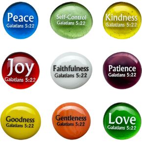Fruit of The Spirit Glass Stones, 9 Beautiful Rocks, Each with a Word from The Galatians 5:22 Verse. Inspiring Christian Education Tool from