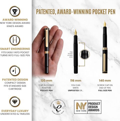 Scriveiner Gold Luxury Fountain Pen (Medium) - Award Winning - Heavy Pocket Pen, 22K Gold, German Nib & Converter, Nice Gift Pens for Men & Women in Saudi Arabia