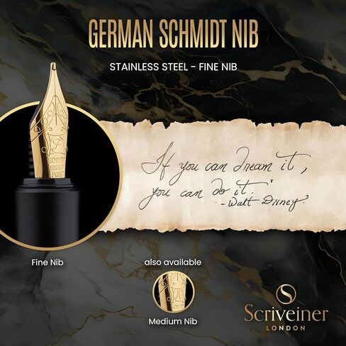 Scriveiner Gold Luxury Fountain Pen (Medium) - Award Winning - Heavy Pocket Pen, 22K Gold, German Nib & Converter, Nice Gift Pens for Men & Women in Saudi Arabia