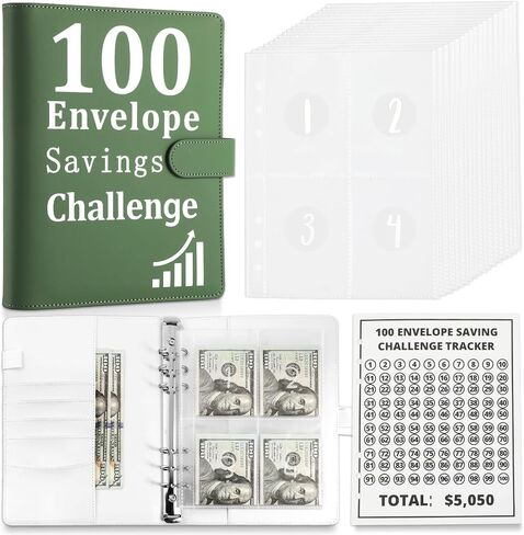طقم مجلد تحدي توفير المال 100 مظروف مقاس A5 منظم كتب مع فتحة للبطاقات وحامل قلم لحشو نقدي لمدة 100 يوم بقيمة 5050 دولارًا بديلاً لصندوق توفير المال (أخضر حكيم) in Kuwait