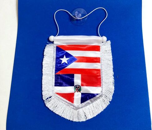 Puerto Rican and Dominican Car Rearview Mirror Flag with Elegant White Trim – Celebrate Your Caribbean Heritage in Style in Saudi Arabia