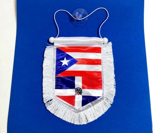 Puerto Rican and Dominican Car Rearview Mirror Flag with Elegant White Trim – Celebrate Your Caribbean Heritage in Style in Saudi Arabia