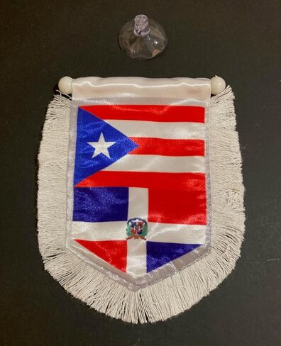 Puerto Rican and Dominican Car Rearview Mirror Flag with Elegant White Trim – Celebrate Your Caribbean Heritage in Style in Saudi Arabia