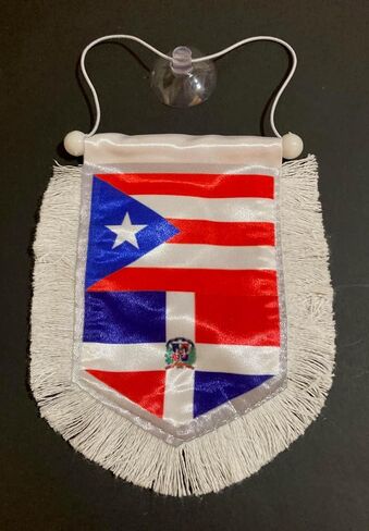 Puerto Rican and Dominican Car Rearview Mirror Flag with Elegant White Trim – Celebrate Your Caribbean Heritage in Style in Saudi Arabia