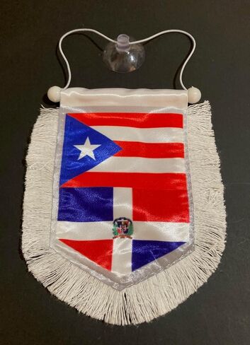 Puerto Rican and Dominican Car Rearview Mirror Flag with Elegant White Trim – Celebrate Your Caribbean Heritage in Style in Saudi Arabia