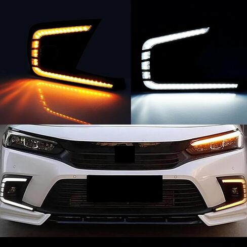 ضوء الجري النهاري LED الأمامي من MotorFansClub مناسب لسيارة Honda Civic 11th Gen 4-Door Sedan 2021 2022 2023 2 لون كهرماني أبيض لـ DRL ومصباح إشارة الانعطاف in Saudi Arabia
