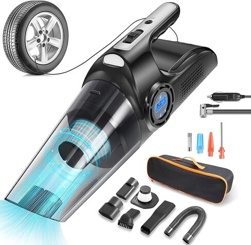 Car Vacuum Cleaner 4 in 1 Multipurpose Portable with Digital Air Compressor Pump, DC 12V Tire Inflator for Cars, High Power Car Vacuum with LED Light, Wet & Dry Vacuum, 13 FT Cord & Bag in Saudi Arabia