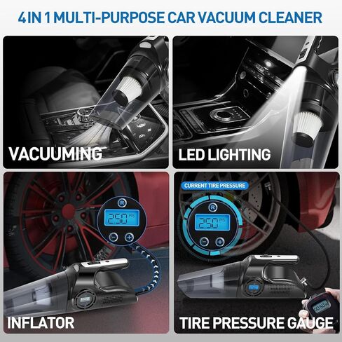 Car Vacuum Cleaner 4 in 1 Multipurpose Portable with Digital Air Compressor Pump, DC 12V Tire Inflator for Cars, High Power Car Vacuum with LED Light, Wet & Dry Vacuum, 13 FT Cord & Bag in Saudi Arabia