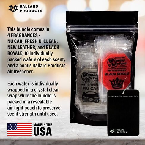 Wonder Wafers Car Air Freshener Pack of 40-4 Wonder Wafer Scents - Fresh N Clean, Black Royale, New Leather, and NU Car - 10 Wafers of Each - Bundle with Ballard Products Air Freshener in Saudi Arabia