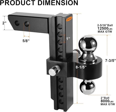 Adjustable Trailer Hitches Fits 2-Inch Receiver, 8-Inch Drop/Rise Aluminum Drop Hitch 12,500 GTW, 2" and 2-5/16" Stainless Steel Tow Balls, Aluminum Tow Hitch with Double Anti-Theft Pins Locks in Saudi Arabia