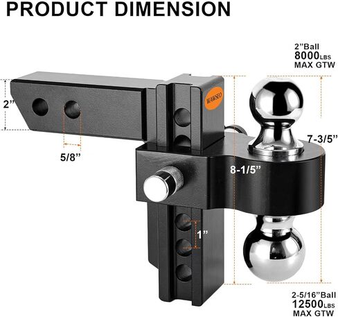 Adjustable Trailer Hitches Fits 2-Inch Receiver, 8-Inch Drop/Rise Aluminum Drop Hitch 12,500 GTW, 2" and 2-5/16" Stainless Steel Tow Balls, Aluminum Tow Hitch with Double Anti-Theft Pins Locks in Saudi Arabia