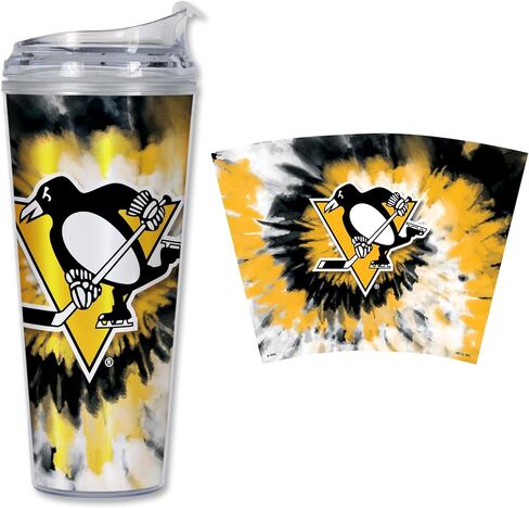 Rico Industries NHL Hockey Pittsburgh Penguins Team Color Tie Dye 24oz Metallic Acrylic Tumbler with Hinged Lid, Officially Licensed Double Wall Tumbler with Straw in Saudi Arabia